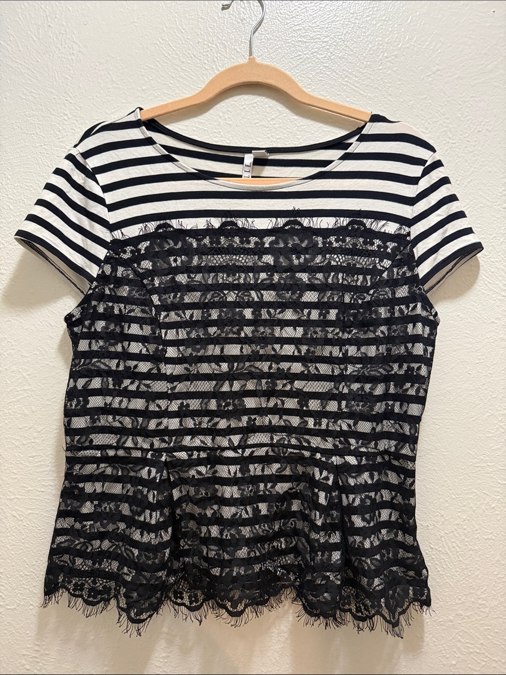 Elle Black and White Striped Lace-Trim Short Sleeve Top
